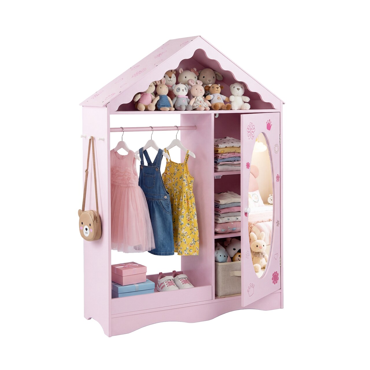 Roofed Kids Wardrobe With Mirror Clothes Rack And Storage Cubes